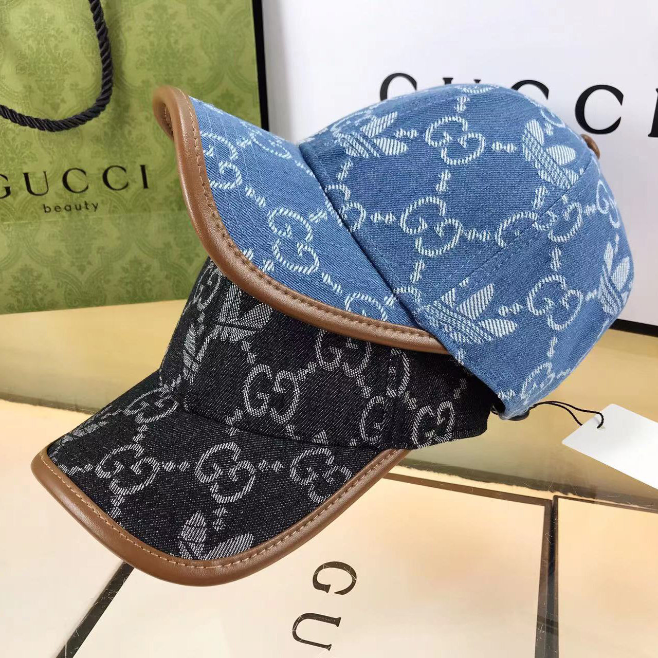 Premium Adidas x Gucci denim baseball cap close up