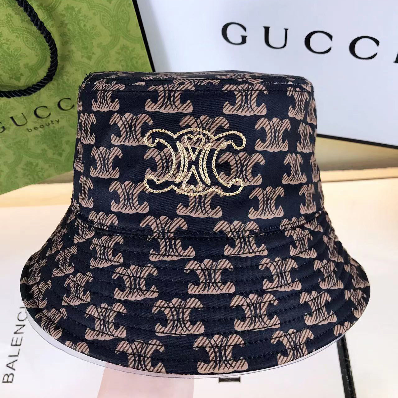 Premium CELINE embroidered cotton bucket hat