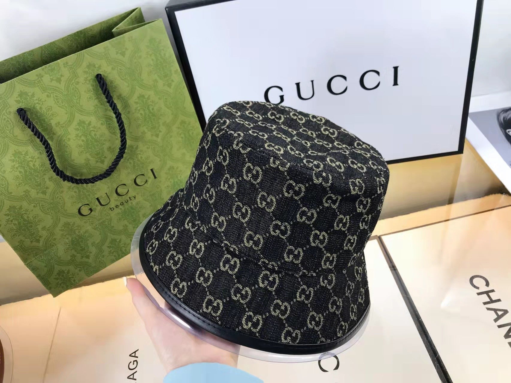 Premium Gucci denim bucket hat rear view