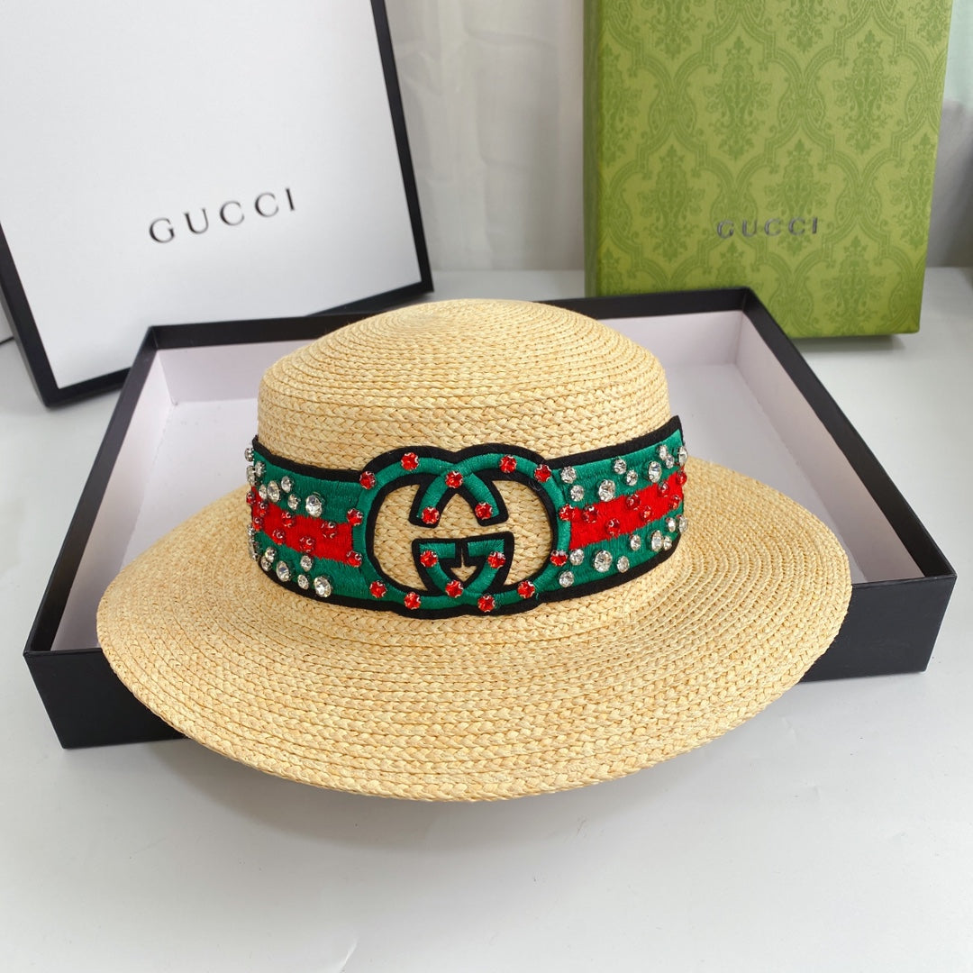 Premium Gucci woven raffia sun hat detail
