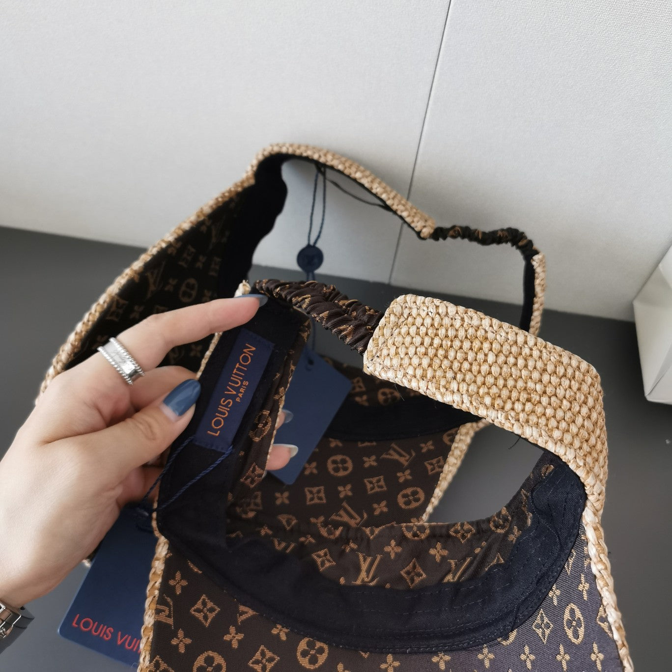 Premium LV monogram visor close-up