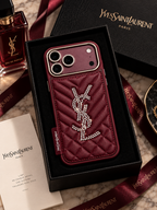 YSL Burgundy quilted crystal case for iPhone 18 Pro Max – front view