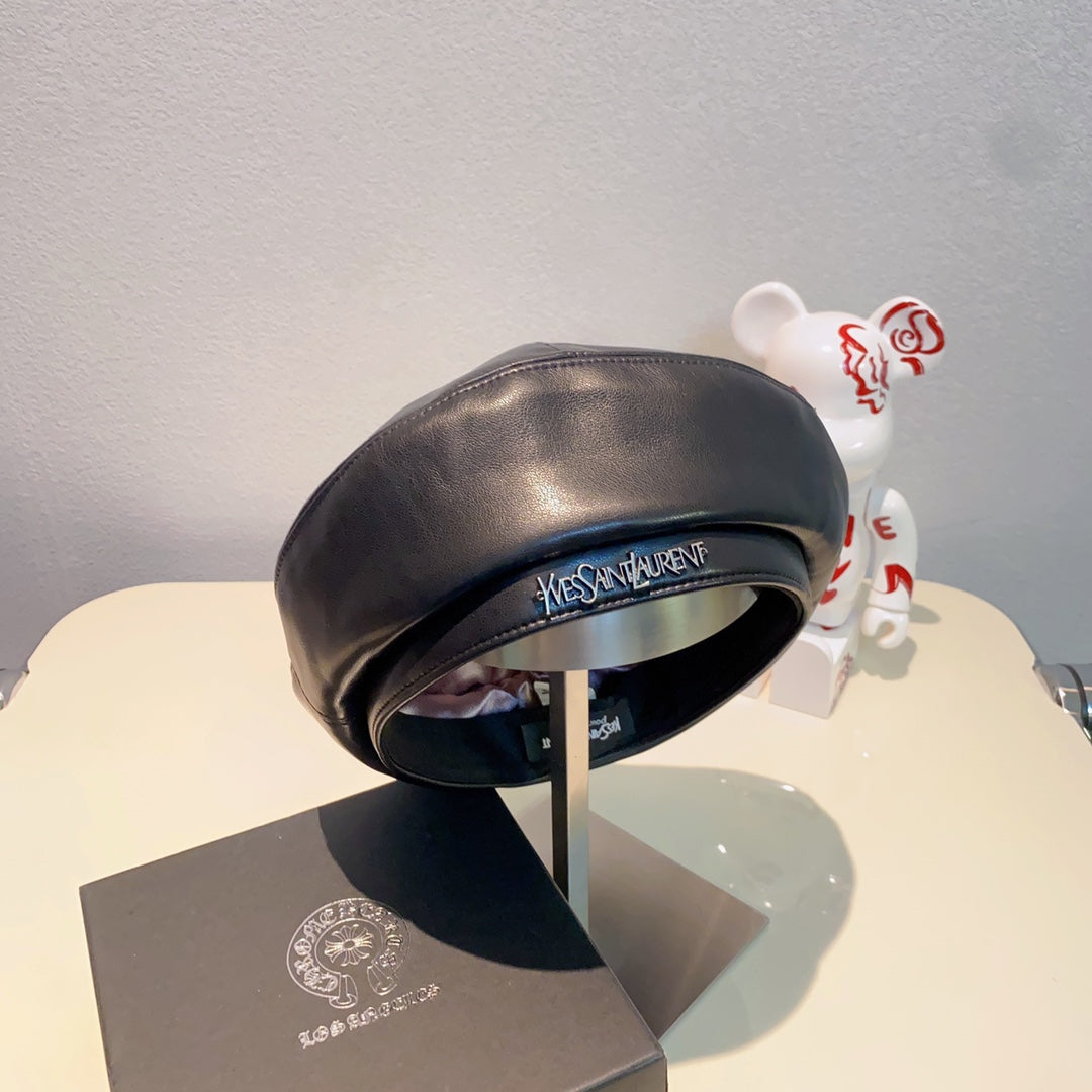 Yves Saint Laurent pebbled leather beret