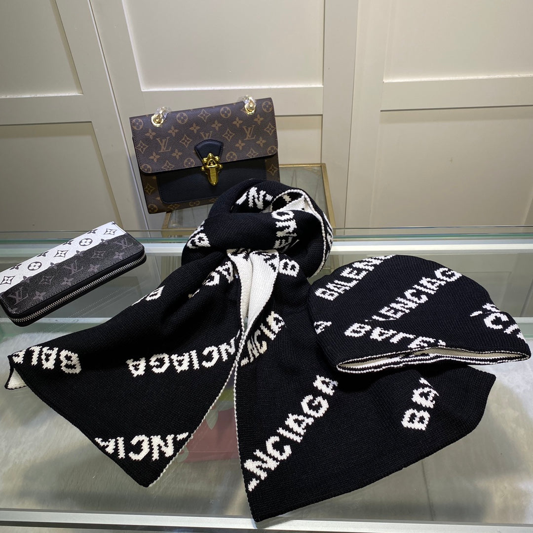 Balenciaga Wool-Cashmere Blend Knitted Letter Jacquard Scarf Hat Set for Women – product image 19