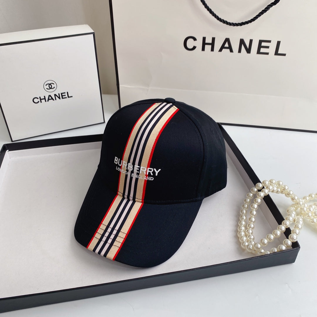 Burberry cap with striped design on a Chanel branded background