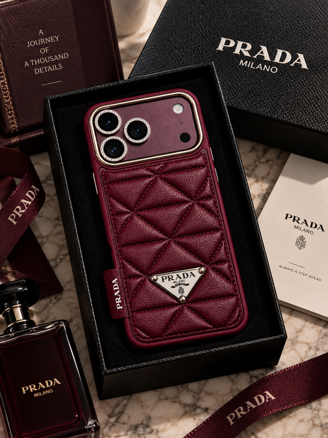 Luxury Burgundy quilted phone case for iPhone 18 Pro Max – product styling view