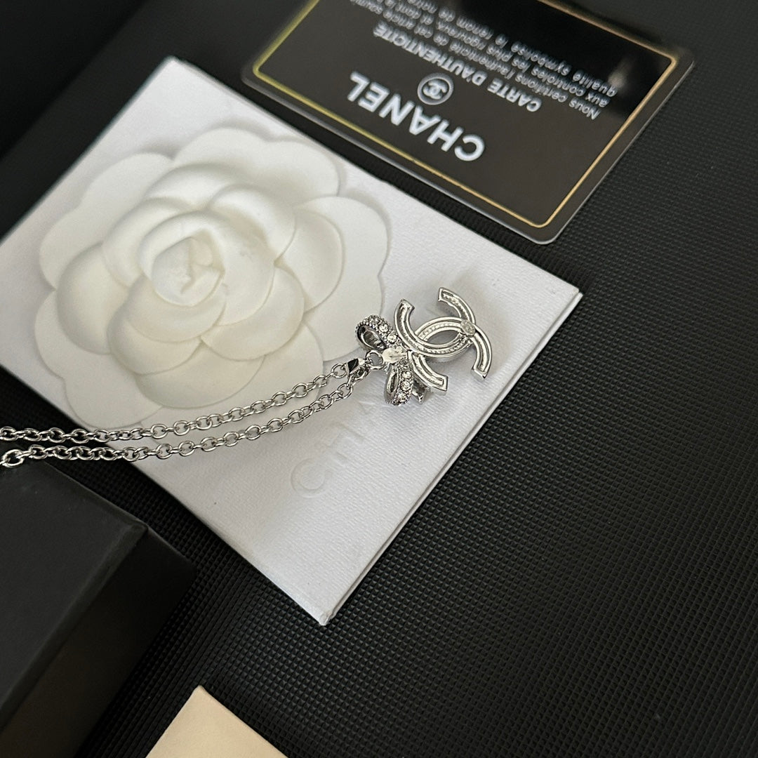 Chanel Crystal Bow Logo Pendant Necklace – Luxury Designer Jewelry – product image 3
