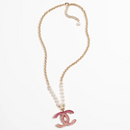 Chanel Pink Crystal Logo Pearl Necklace – Luxury Designer Jewelry – product image 1