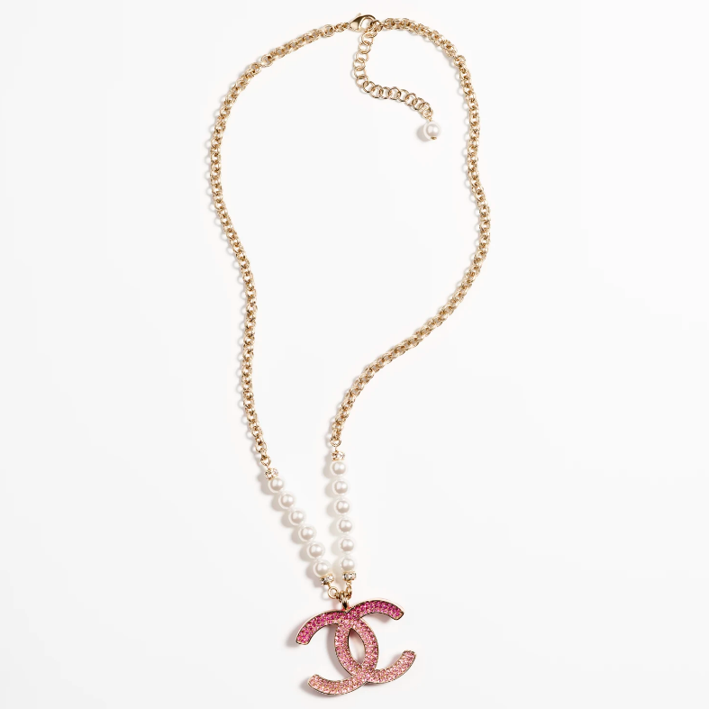 Chanel Pink Crystal Logo Pearl Necklace – Luxury Designer Jewelry – product image 1