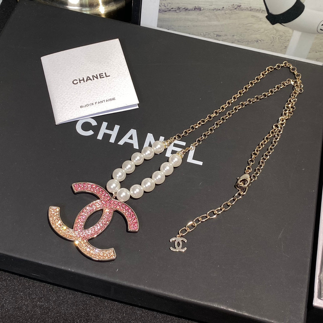 Chanel Pink Crystal Logo Pearl Necklace – Luxury Designer Jewelry – product image 2