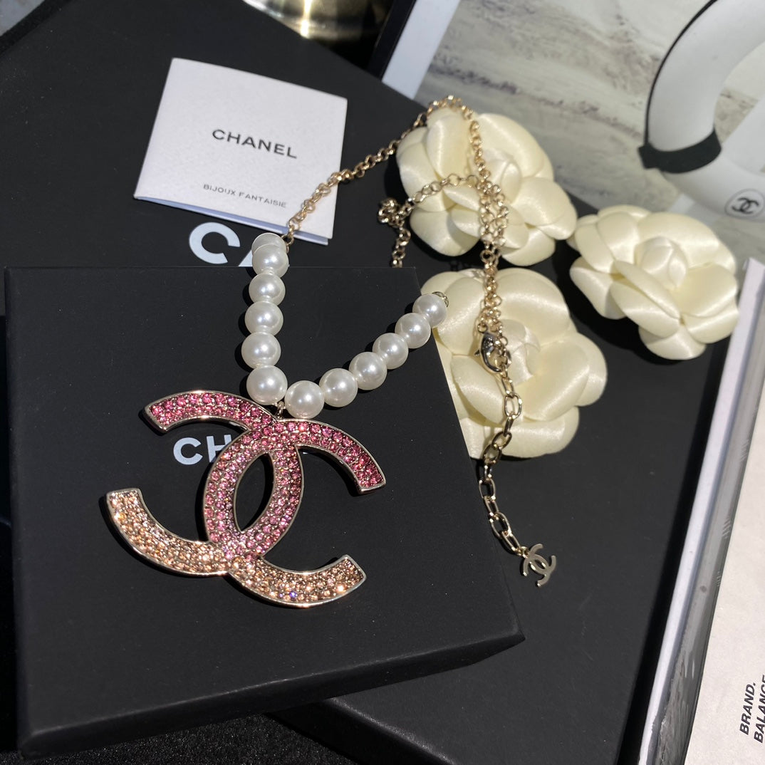 Chanel Pink Crystal Logo Pearl Necklace – Luxury Designer Jewelry – product image 3