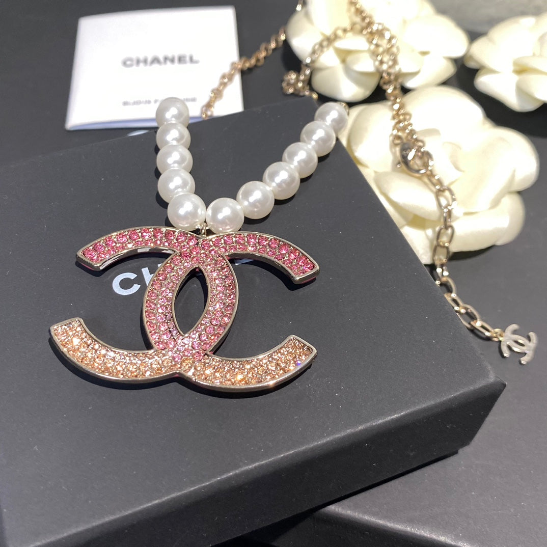 Chanel Pink Crystal Logo Pearl Necklace – Luxury Designer Jewelry – product image 4