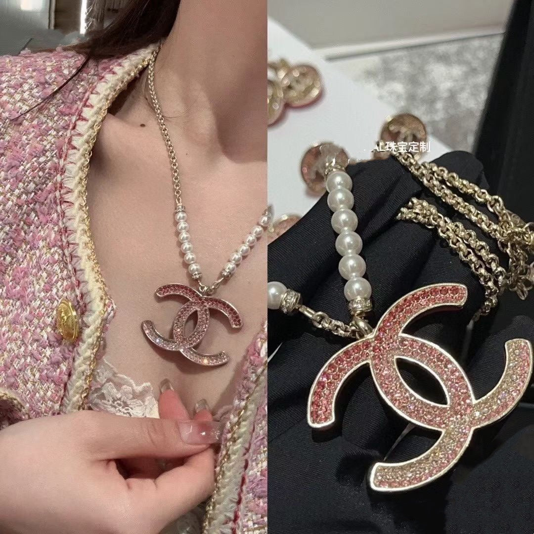 Chanel Pink Crystal Logo Pearl Necklace – Luxury Designer Jewelry – product image 5