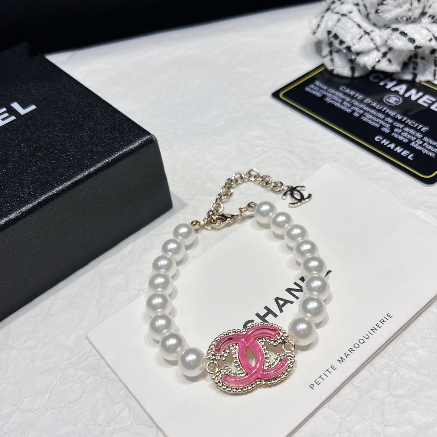 Chanel Pink Enamel Logo Pearl Bracelet – Luxury Jewelry – product image 2