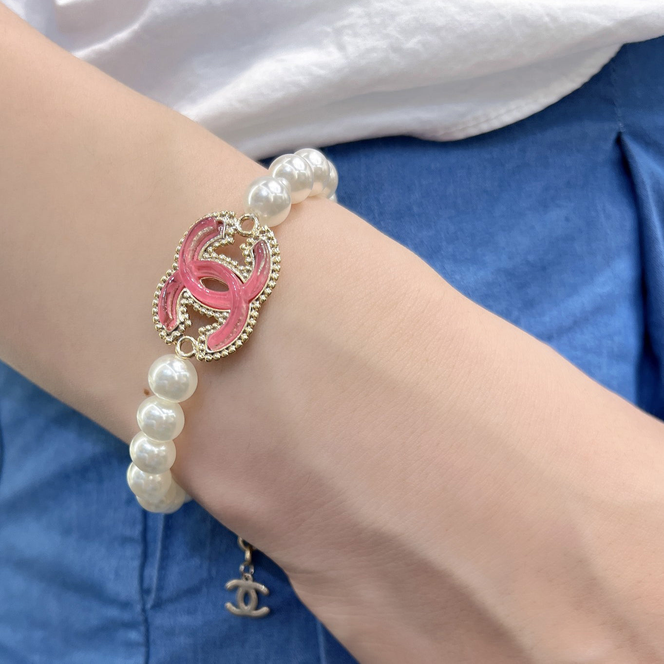 Chanel Pink Enamel Logo Pearl Bracelet – Luxury Jewelry – product image 4