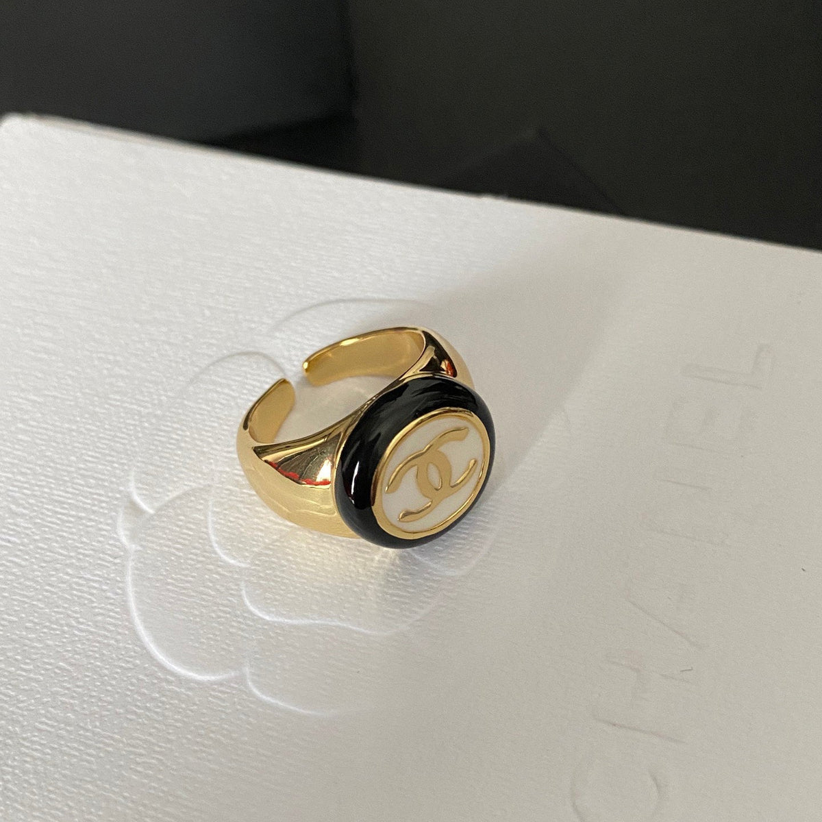 Chanel Vintage Round Logo Bronze Golden Open Ring – Luxury Designer Jewelry – product image 3