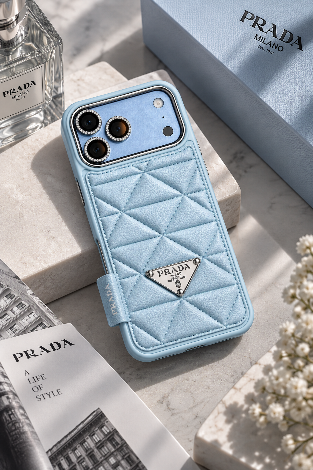 Luxury Glacier blue quilted iPhone 18 Pro Max case styled with designer packaging
