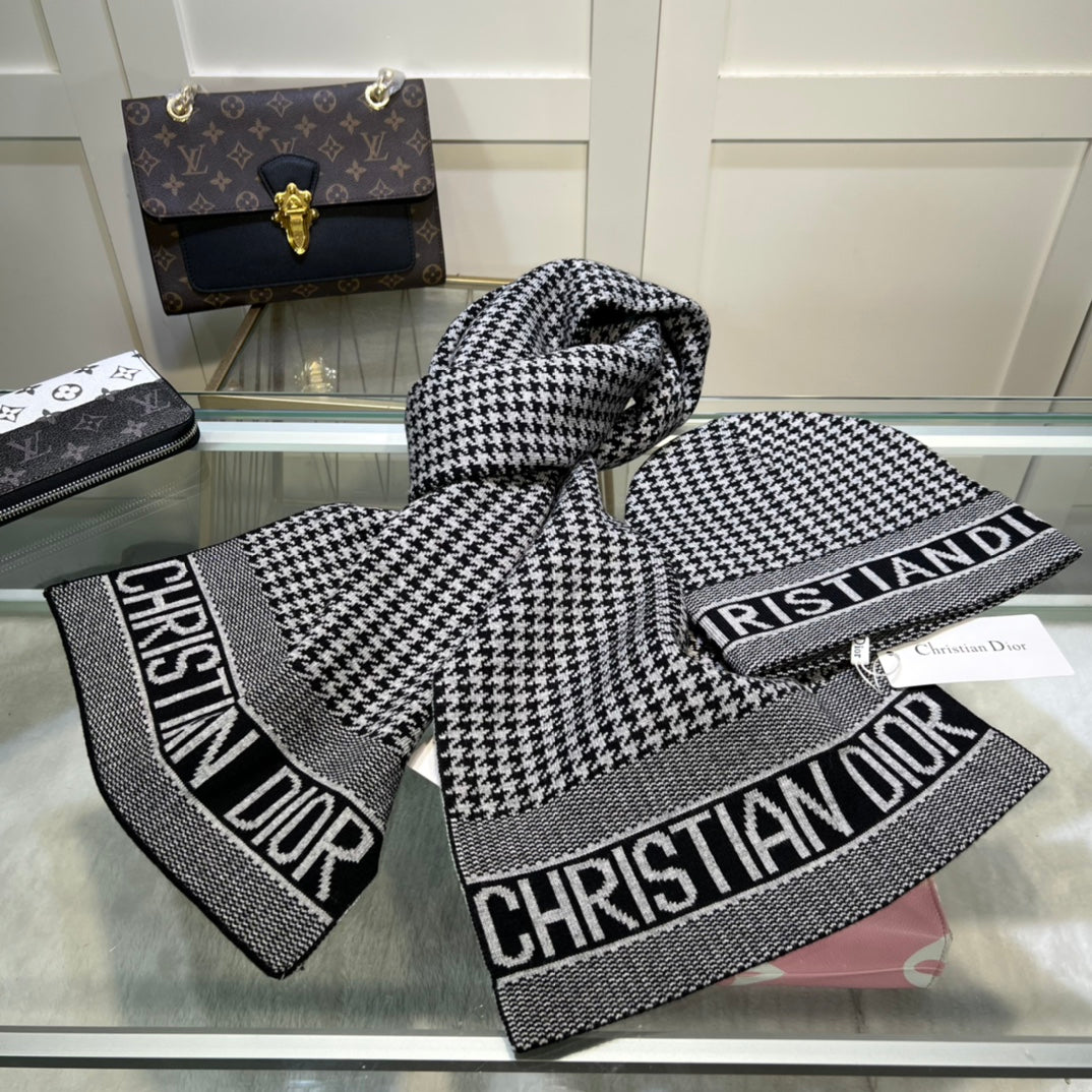 Dior Classic Houndstooth Cashmere Scarf Hat Set for Women – product image 13