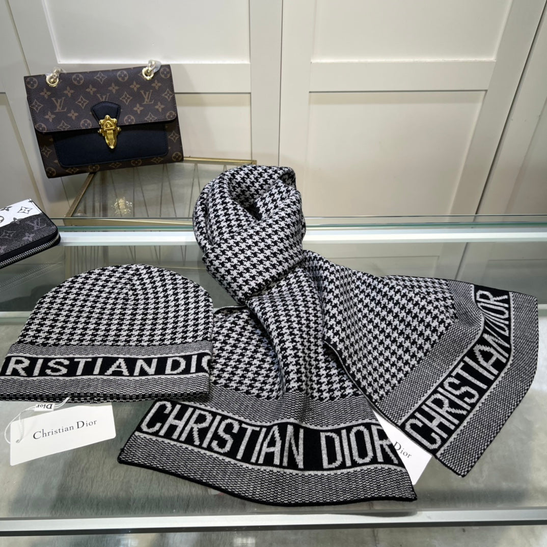 Dior Classic Houndstooth Cashmere Scarf Hat Set for Women – product image 14