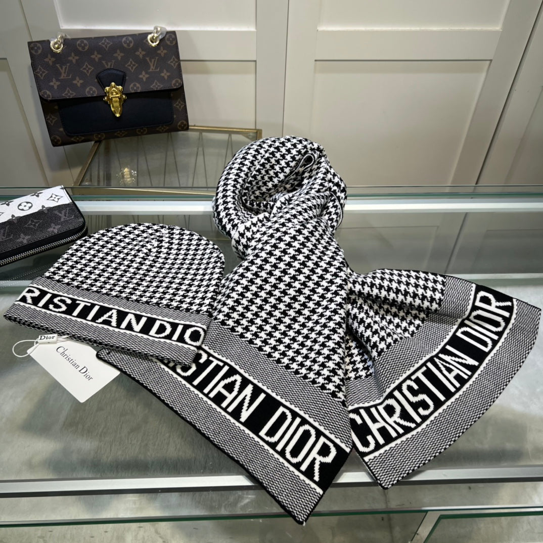 Dior Classic Houndstooth Cashmere Scarf Hat Set for Women – product image 16