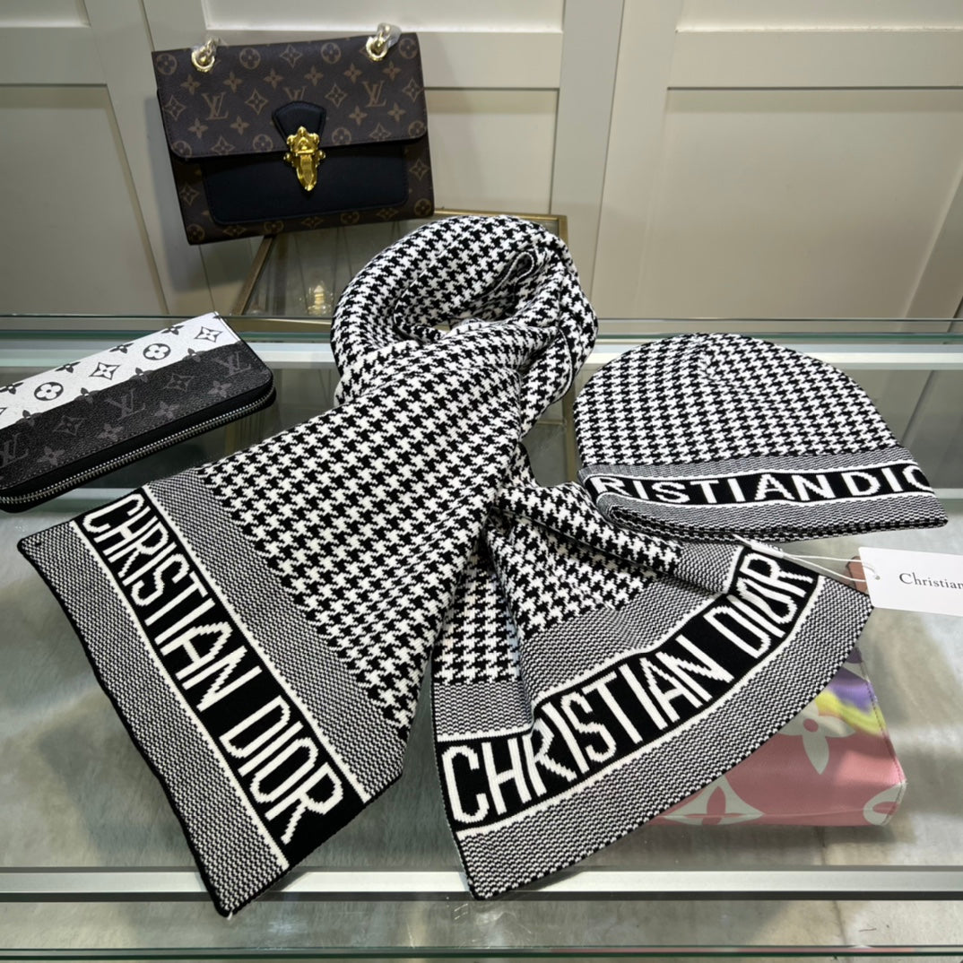 Dior Classic Houndstooth Cashmere Scarf Hat Set for Women – product image 17