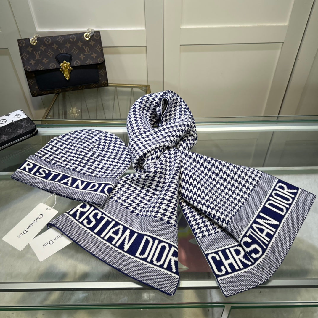 Dior Classic Houndstooth Cashmere Scarf Hat Set for Women – product image 19