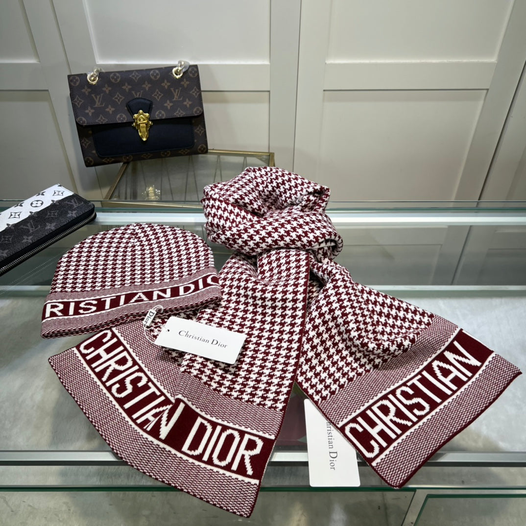 Dior Classic Houndstooth Cashmere Scarf Hat Set for Women – product image 23