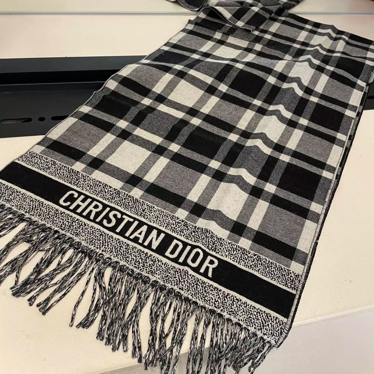 Dior Classic Plaid Fringed Cashmere Scarf Shawl for Women – product image 1