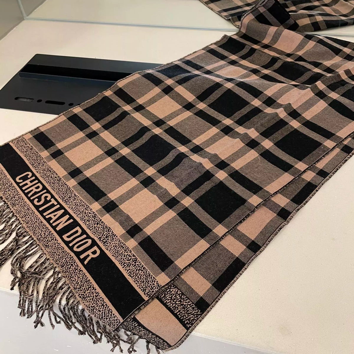 Dior Classic Plaid Fringed Cashmere Scarf Shawl for Women – product image 4