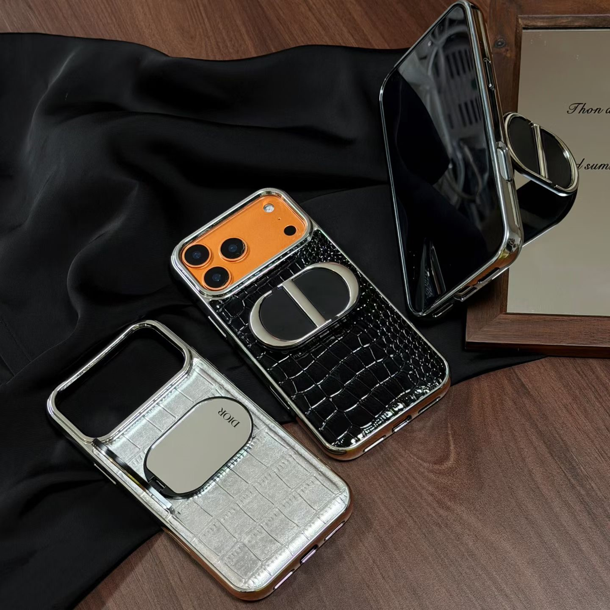 Dior croc ring stand case for iPhone 18 Pro Max – side stand view