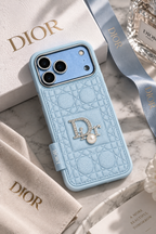 Luxury Glacier blue iPhone 18 Pro Max case with quilted texture, polished camera frame, and Dior-inspired styling