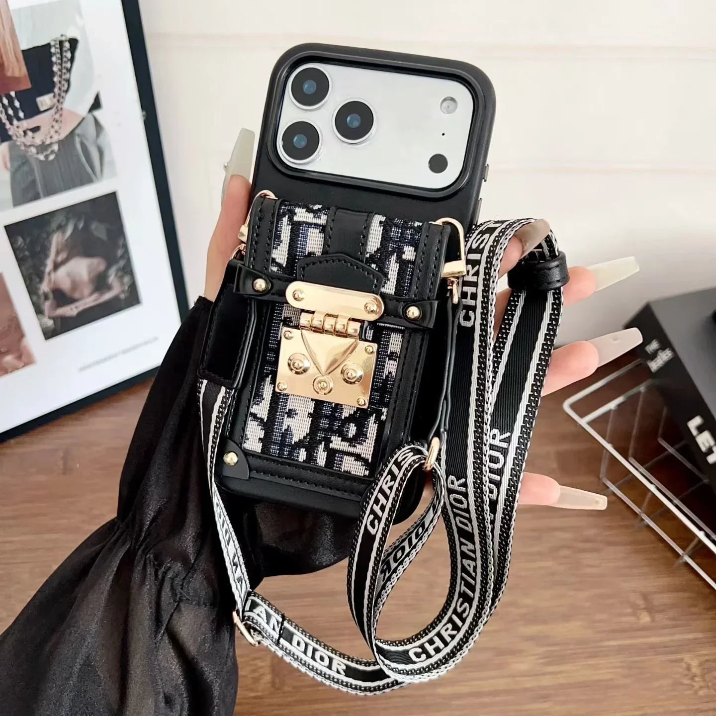 Dior iPhone 17 Pro Max Case with Wallet & 3 Straps – Gray Luxury Crossbody Dior Phone Case