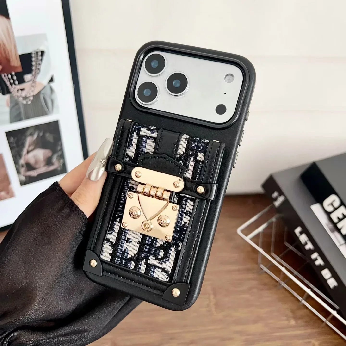 Dior iPhone 17 Pro Max Case with Wallet & 3 Straps – Black Luxury Crossbody Dior Phone Case