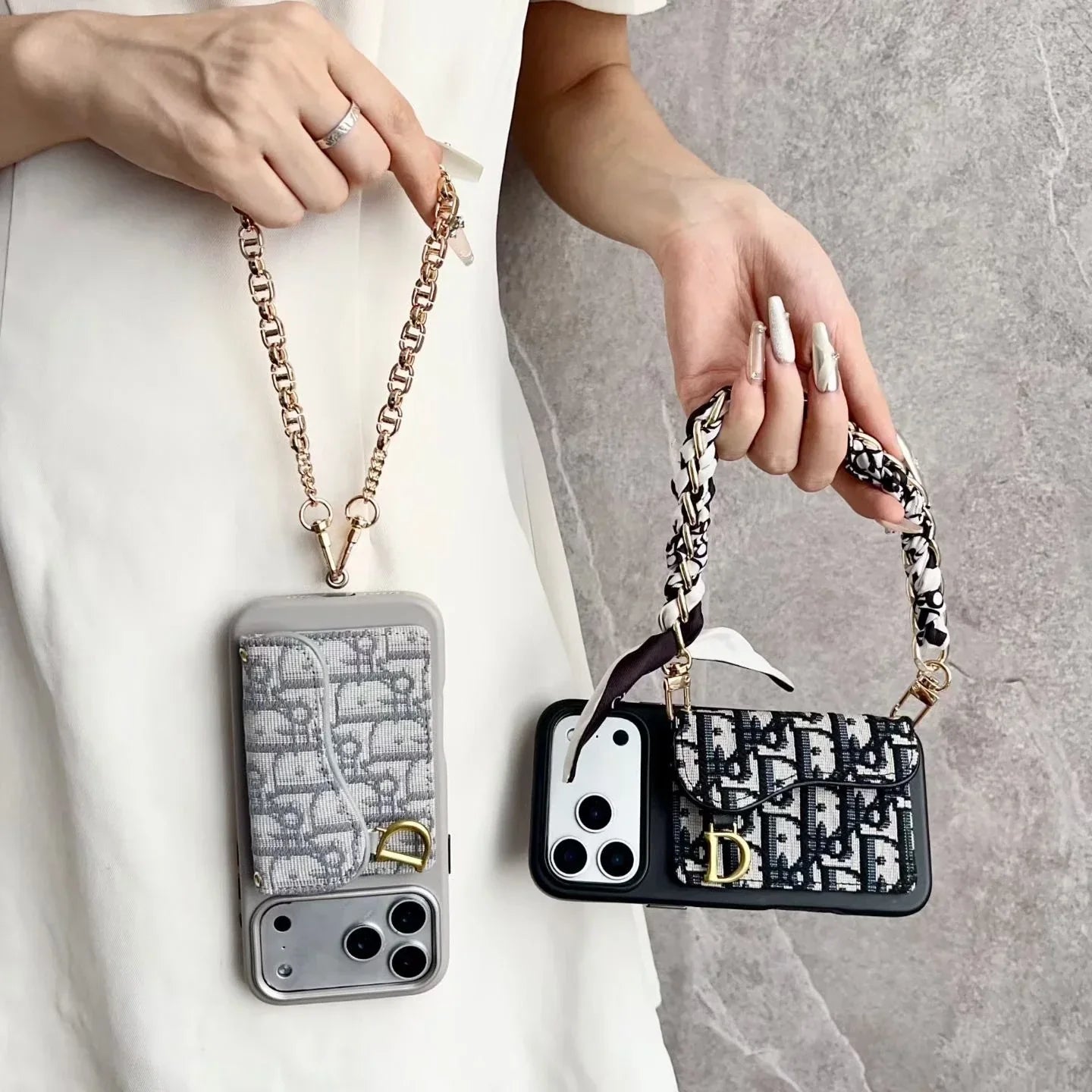 Dior iPhone 17 Pro Max Case with Wallet & 3 Straps – Gray Luxury Crossbody Dior Phone Case