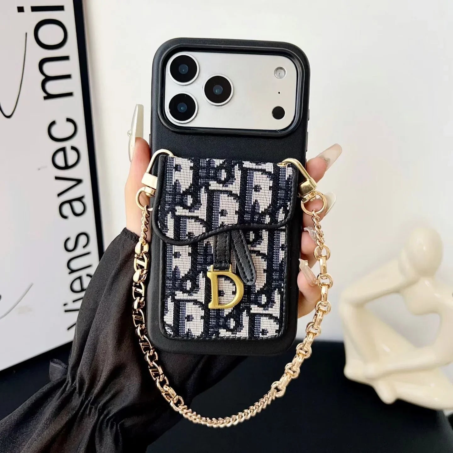 Dior iPhone 17 Pro Max Case with Wallet & 3 Straps – Black Luxury Crossbody Dior Phone Case