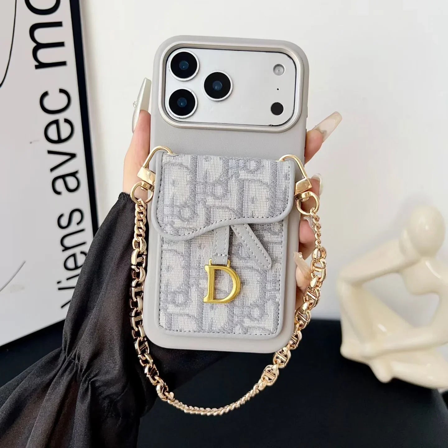 Dior iPhone 17 Pro Max Case with Wallet & 3 Straps – Gray Luxury Crossbody Dior Phone Case
