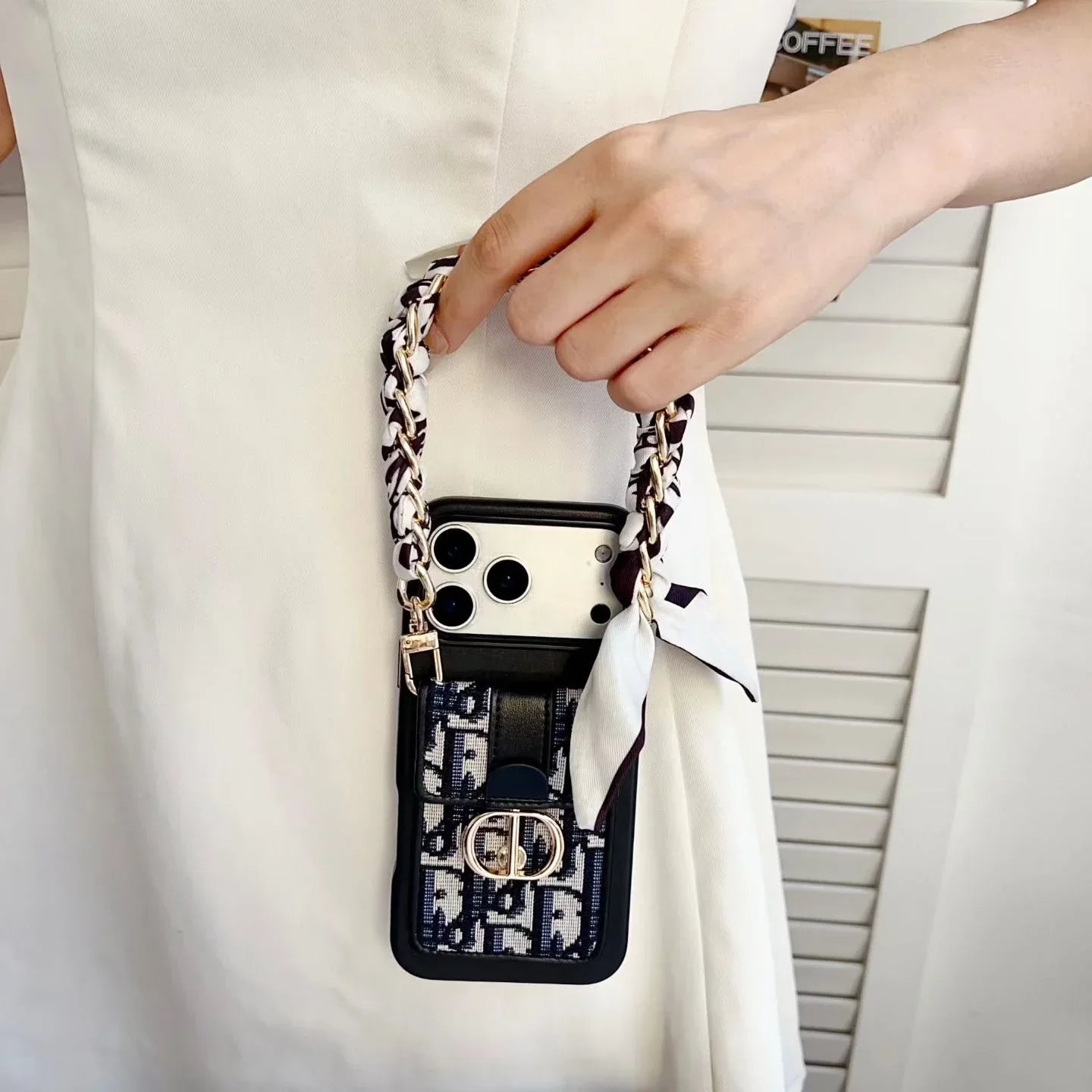 Dior iPhone 17 Pro Max Case with Wallet & 3 Straps – Gray Luxury Crossbody Dior Phone Case