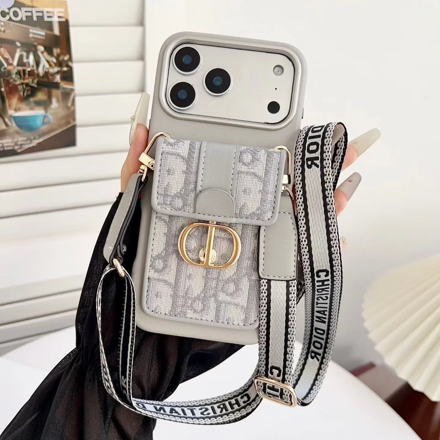 Dior iPhone 17 Pro Max Case with Wallet & 3 Straps – Black Luxury Crossbody Dior Phone Case