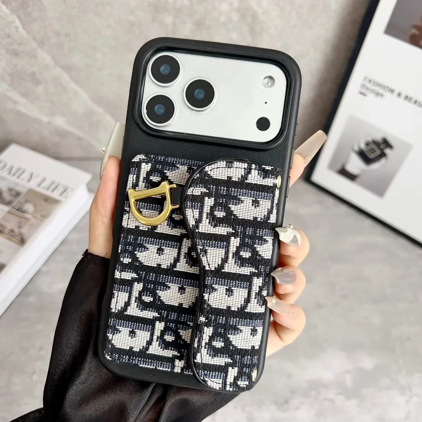 Dior iPhone 17 Pro Max Wallet Case with Card Holder – Gray Dior Oblique Flip Cover