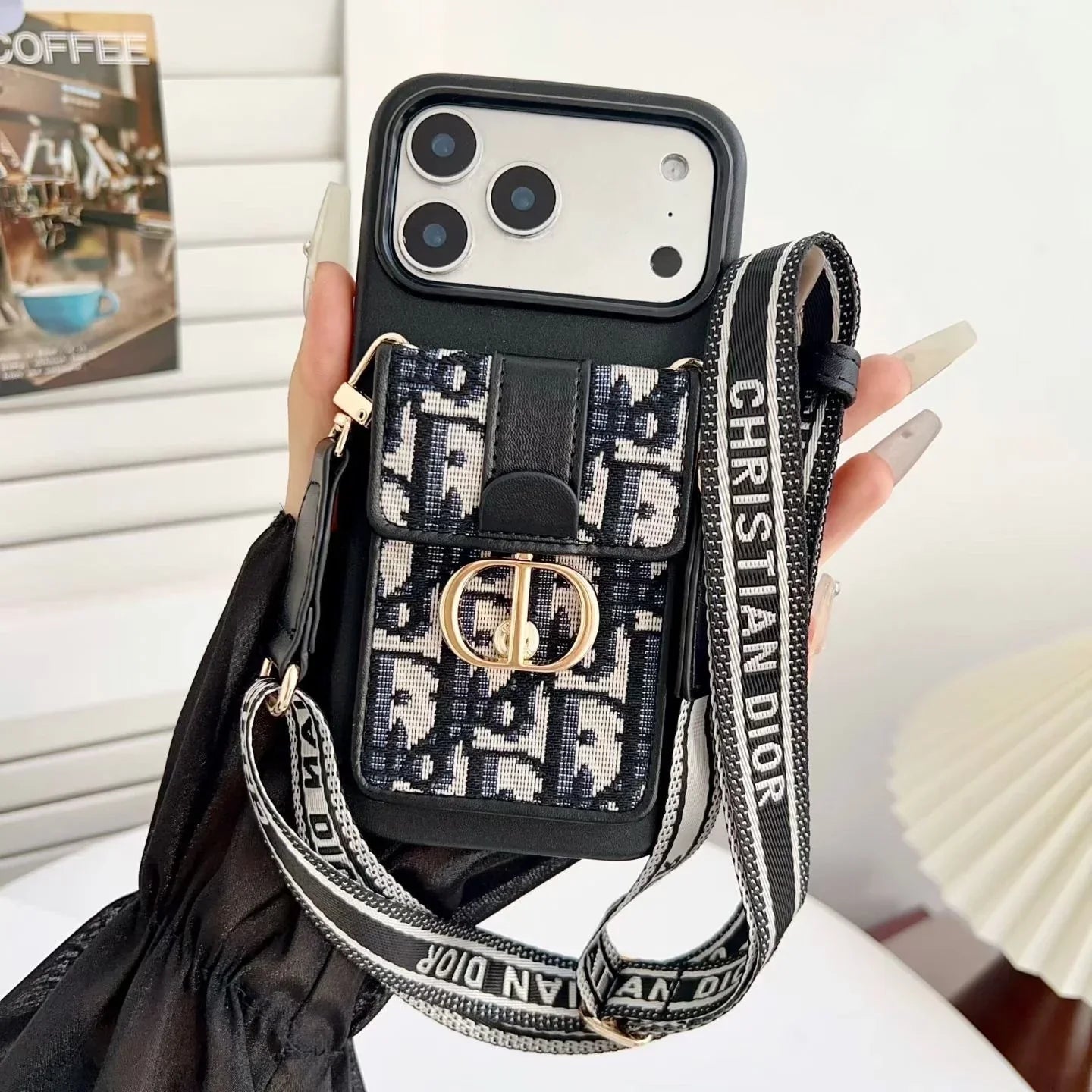 Dior iPhone 17 Pro Max Case with Wallet & 3 Straps – Black Luxury Crossbody Dior Phone Case