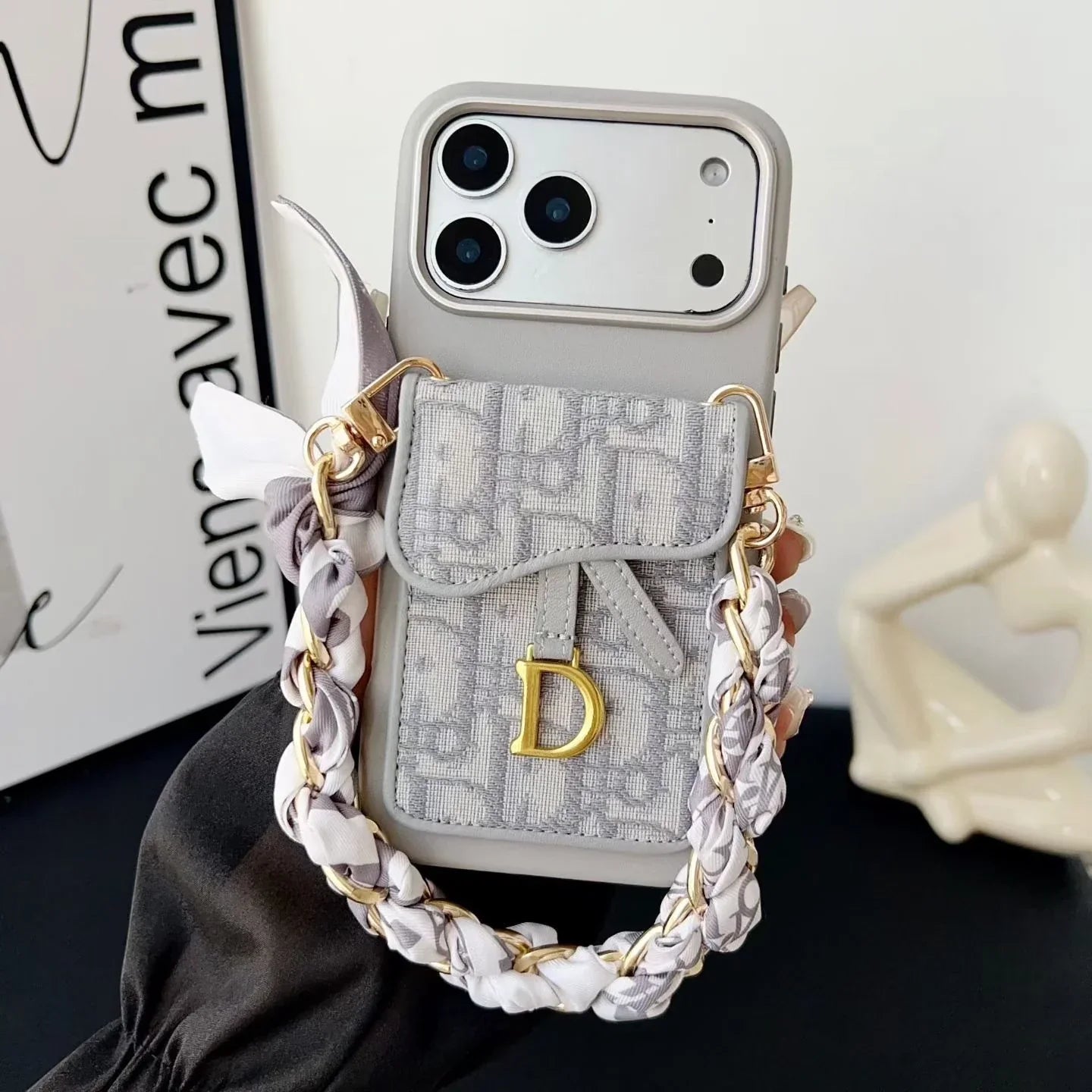 Dior iPhone 17 Pro Max Case with Wallet & 3 Straps – Black Luxury Crossbody Dior Phone Case