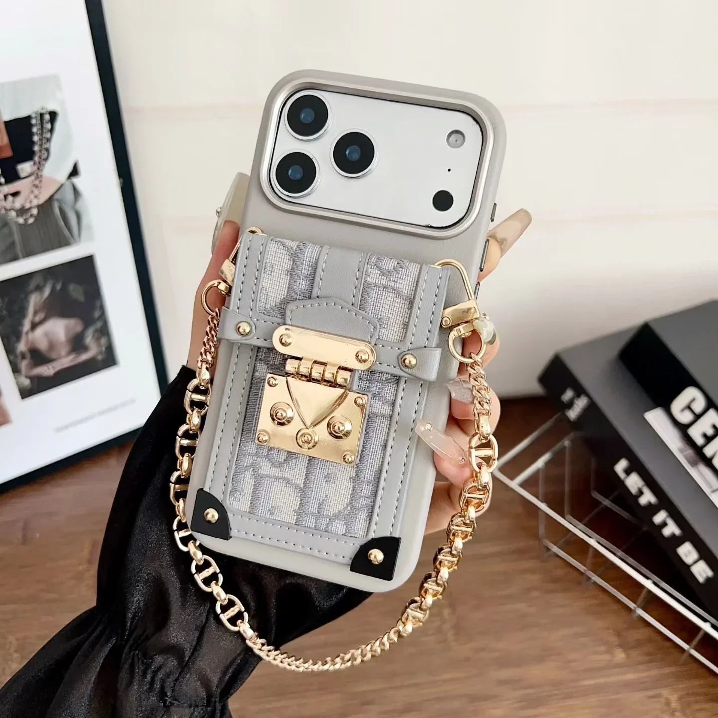 Dior iPhone 17 Pro Max Case with Wallet & 3 Straps – Black Luxury Crossbody Dior Phone Case