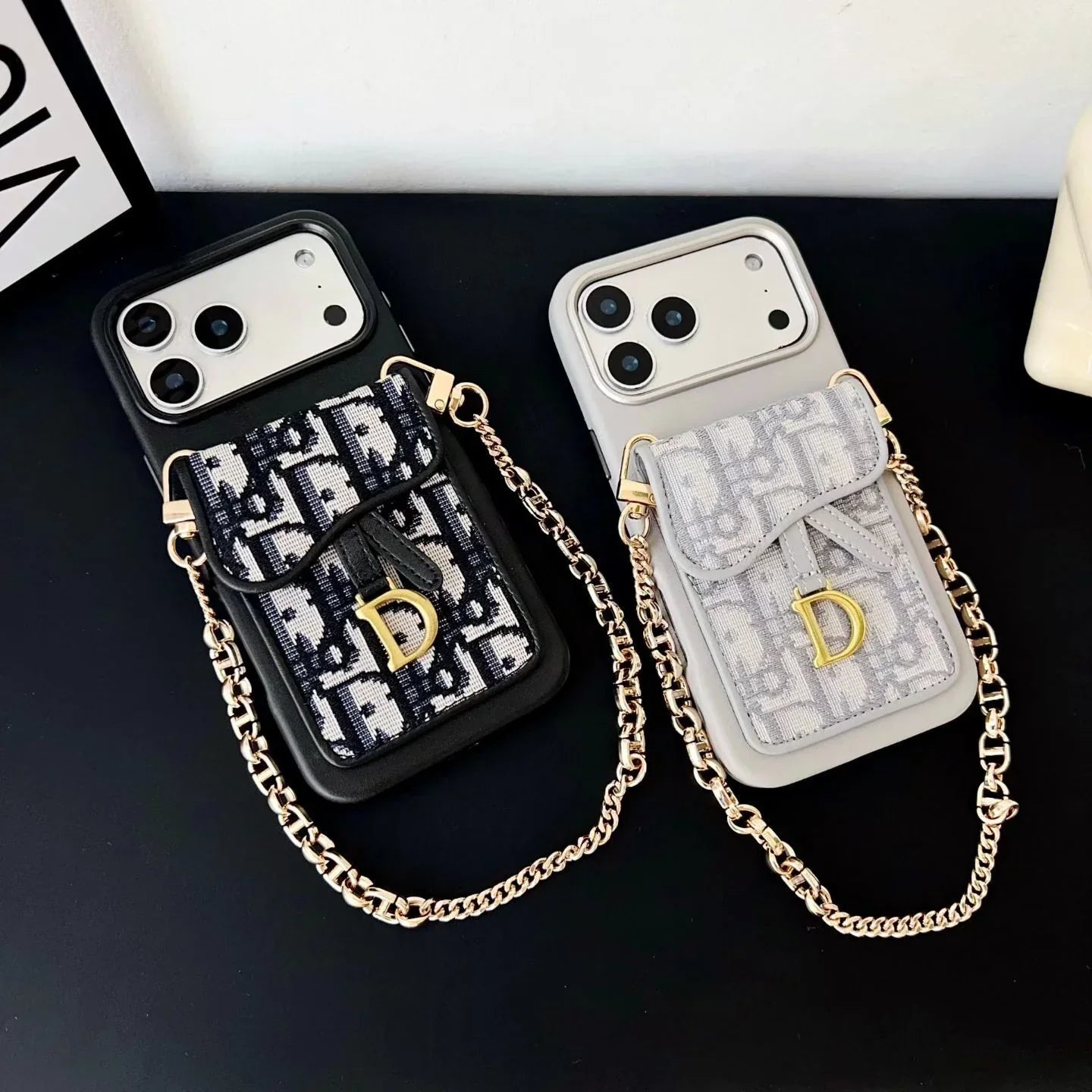 Dior iPhone 17 Pro Max Case with Wallet & 3 Straps – Gray Luxury Crossbody Dior Phone Case