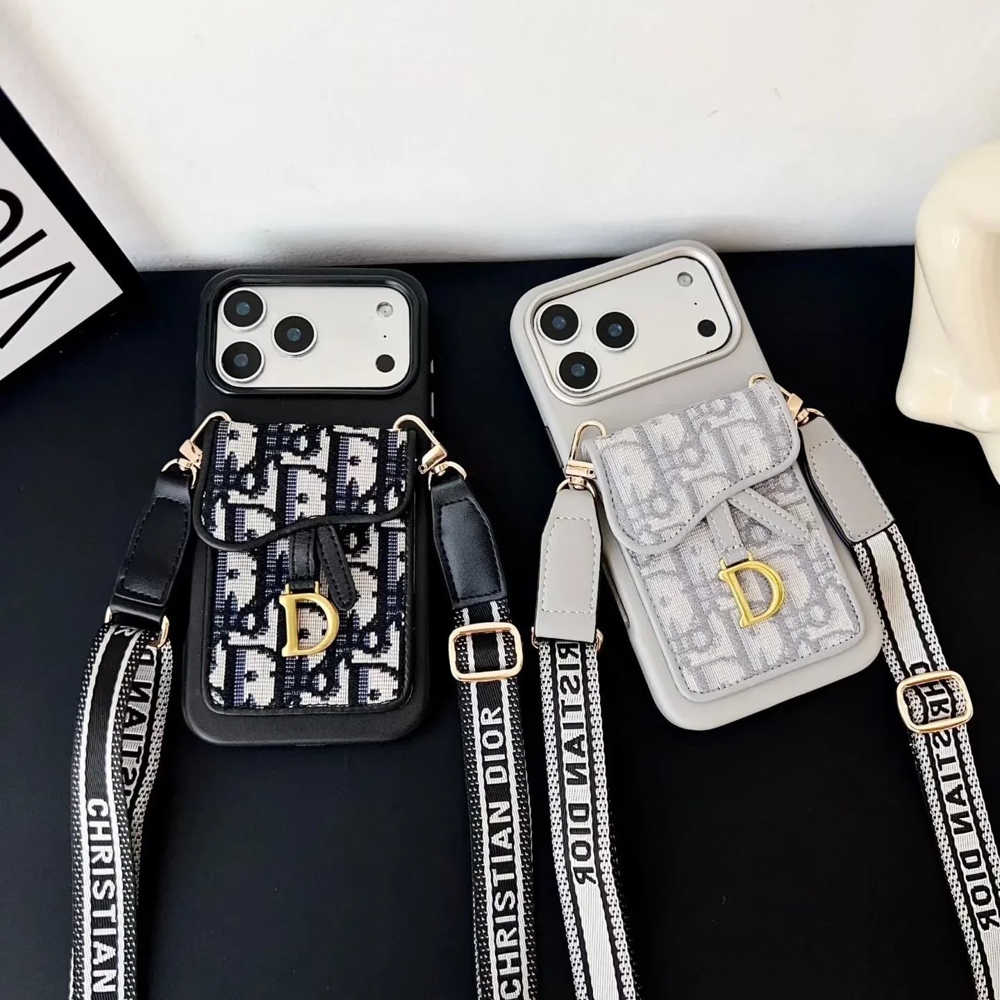 Dior iPhone 17 Pro Max Case with Wallet & 3 Straps – Gray Luxury Crossbody Dior Phone Case