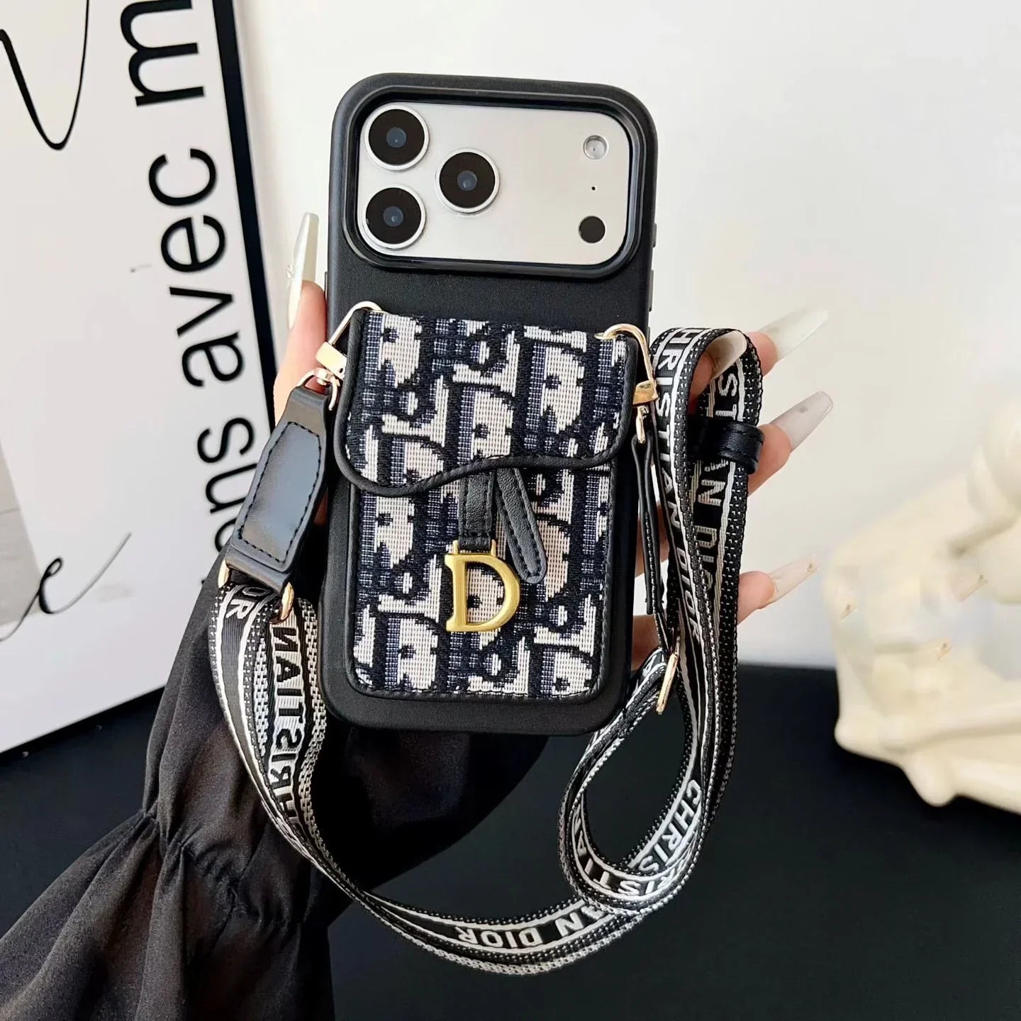 Dior iPhone 17 Pro Max Case with Wallet & 3 Straps – Gray Luxury Crossbody Dior Phone Case