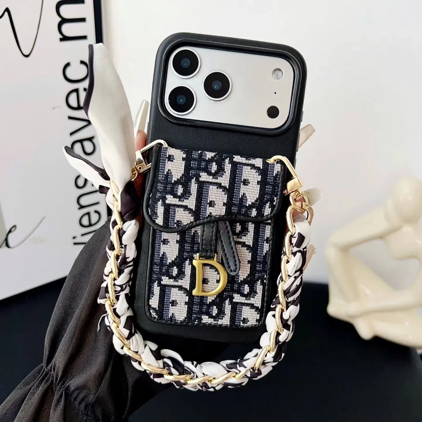 Dior iPhone 17 Pro Max Case with Wallet & 3 Straps – Gray Luxury Crossbody Dior Phone Case