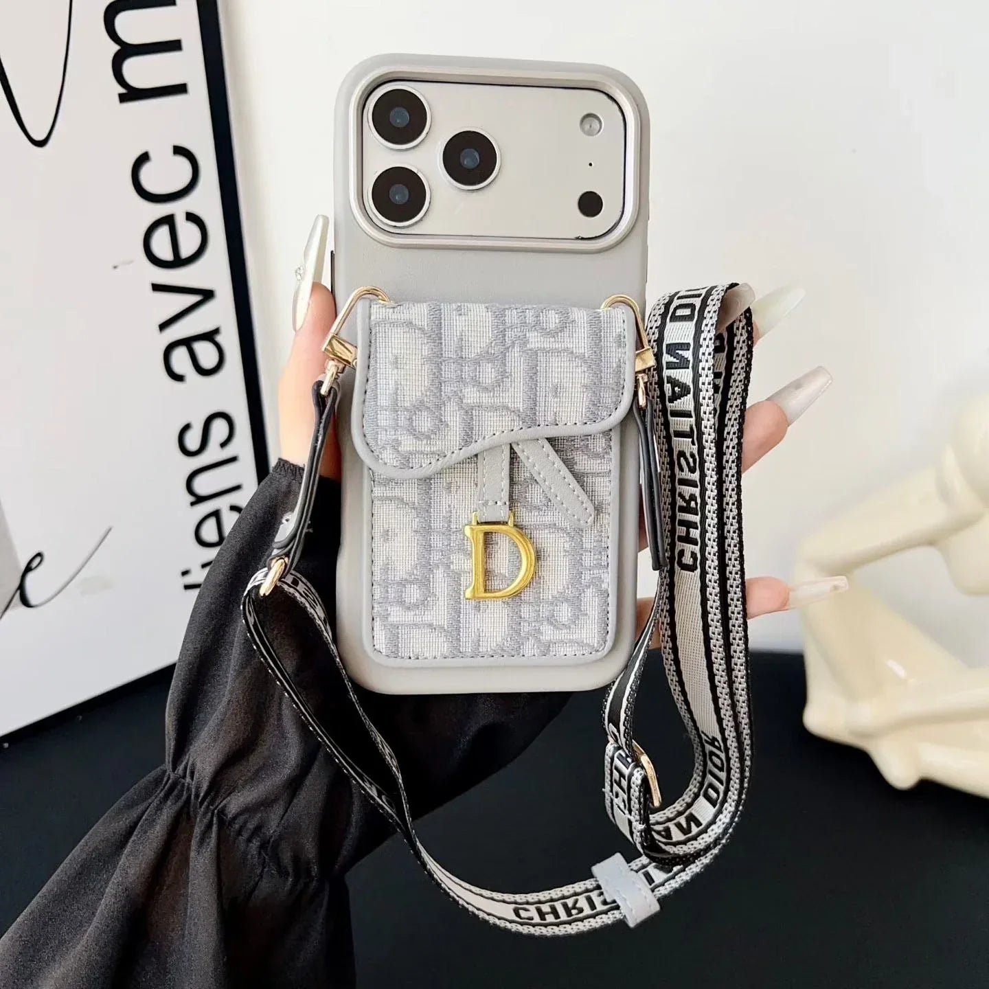 Dior iPhone 17 Pro Max Case with Wallet & 3 Straps – Black Luxury Crossbody Dior Phone Case