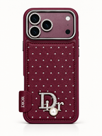 Dior Burgundy crystal pearl case for iPhone 18 Pro Max – front view