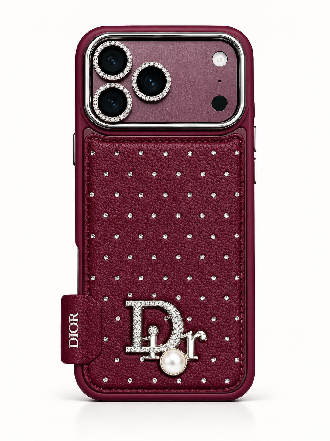 Dior Burgundy crystal pearl case for iPhone 18 Pro Max – front view