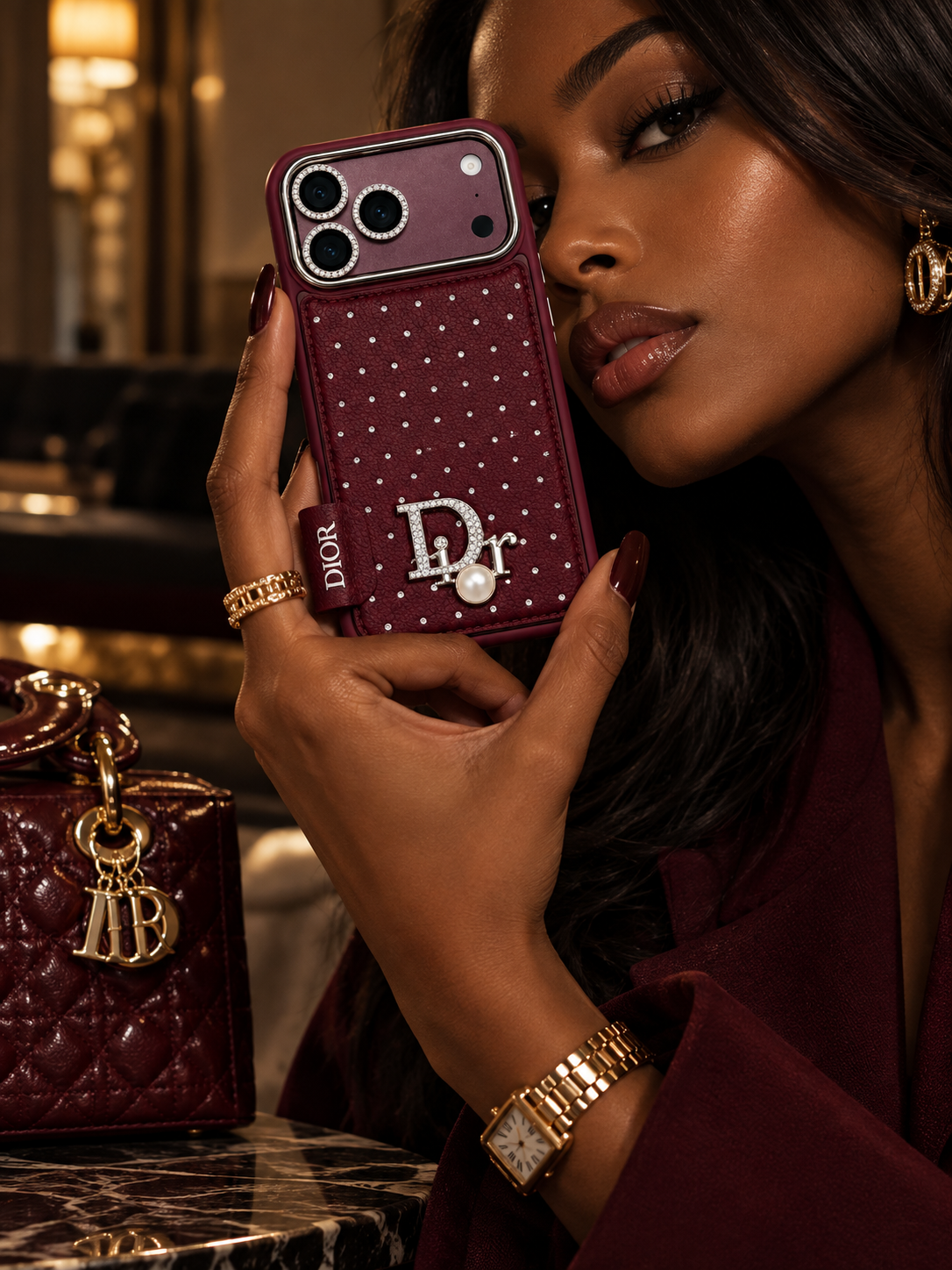 Burgundy crystal pearl phone case for iPhone 18 Pro Max – styled product view